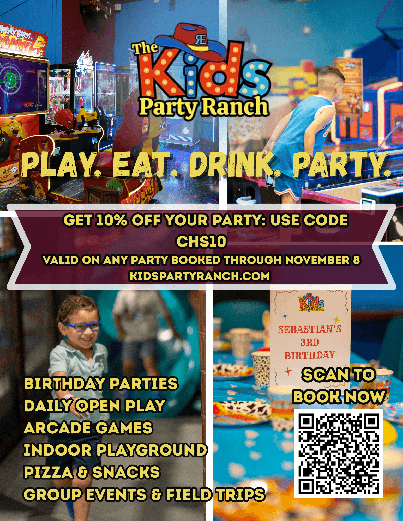 Kids Party Ranch print ad reading Play. Eat. Drink. Party.