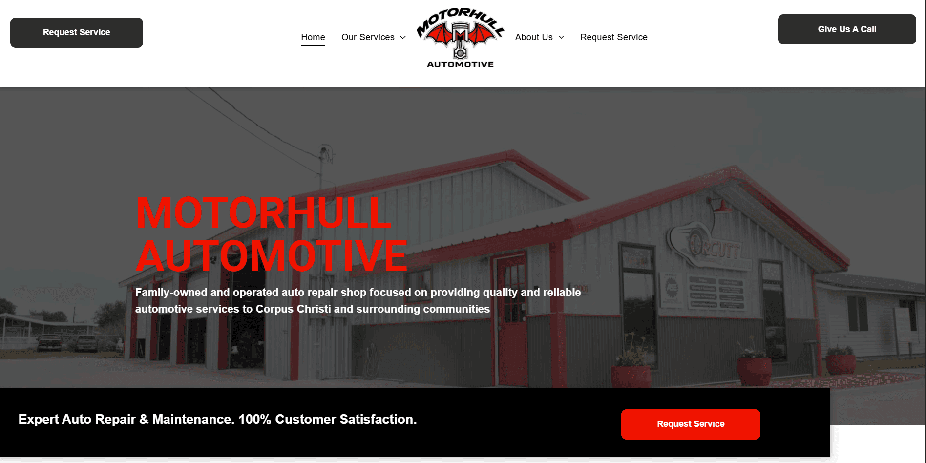 Motorhull Automotive homepage with a hero image of the shop